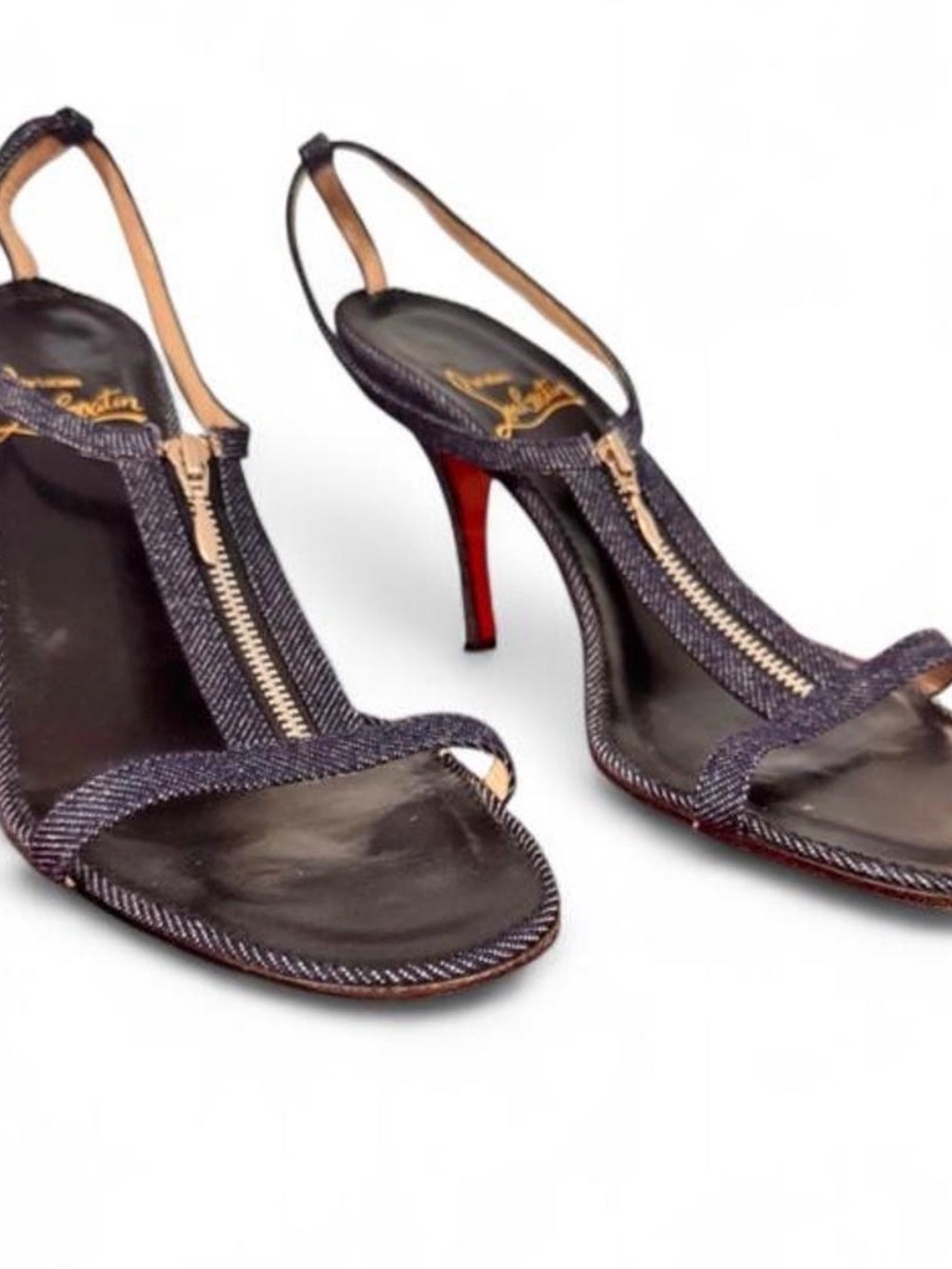 Christian Louboutin Black Denim Zip Front Slingback Sandals with Red Heel